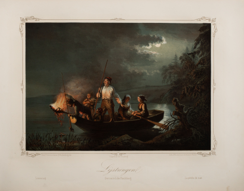 An illustration of people on a boat near the shore at night.