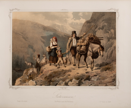 An illustration of family climbing a steep hill with horse and mountain goats with mountains in the background. 