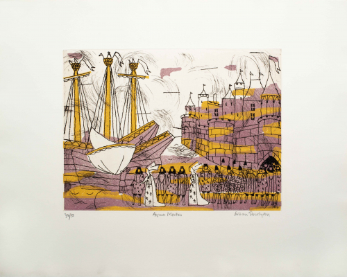 A purple and gold medieval scene of figures coming out of a castle in the background left towards a ship in the background right