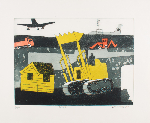 Cartoonish image of a small yellow house, planes, and bulldozers.