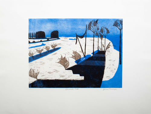 A simplified depiction of water-side landscape with trees and foliage in blue black and light brown. 