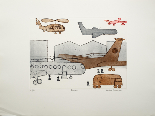 Depiction in muted colors of scene with airplanes and hangars (four airpalnes, one helicopter); bus in lower right foreground. 