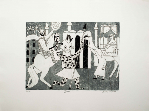 A black, white, and grey depiction of a figure in a mask in front of a man on horse and a topless woman on top of camel