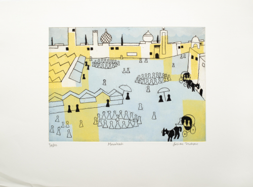 Light blue, yellow, black and white simplified depiction of a town square/market; walls surrounding with towers and domes.