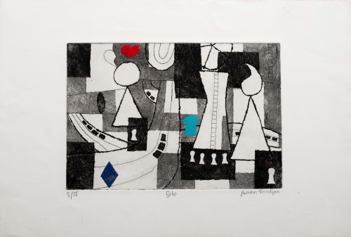 Abstracted print of varying layered shapes in black, grey, and white and three objects in color.