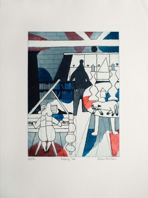 Geometric depiction of an interior scene of a figure playing piano and a cat sleeping on table with candles and mug.
