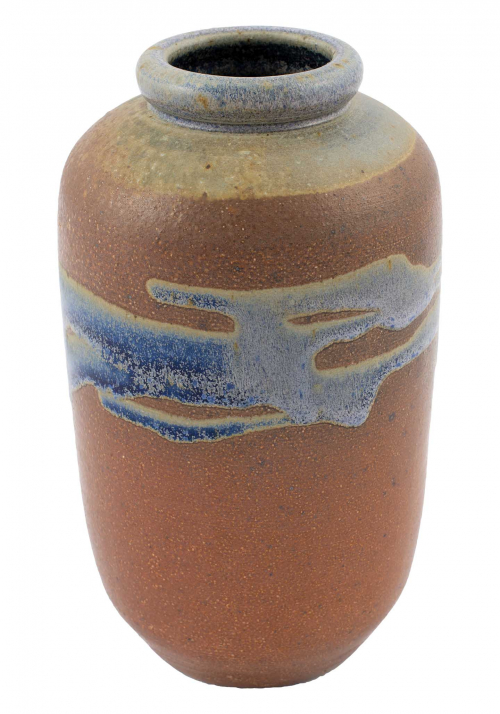  narrow, cylindrical vase glazed in brown with a curvilinear blue design encircling the upper center.