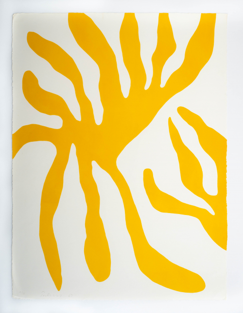 Abstracted yellow leaf-like form on white background. 