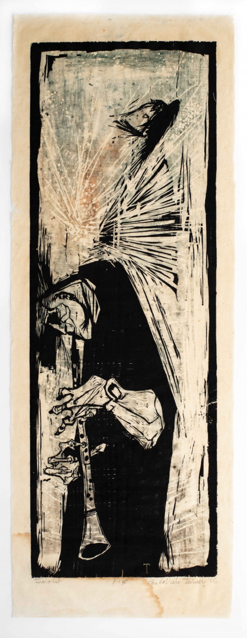 Long and narrow vertical black and white print depicting an abstracted figure playing the clarinet