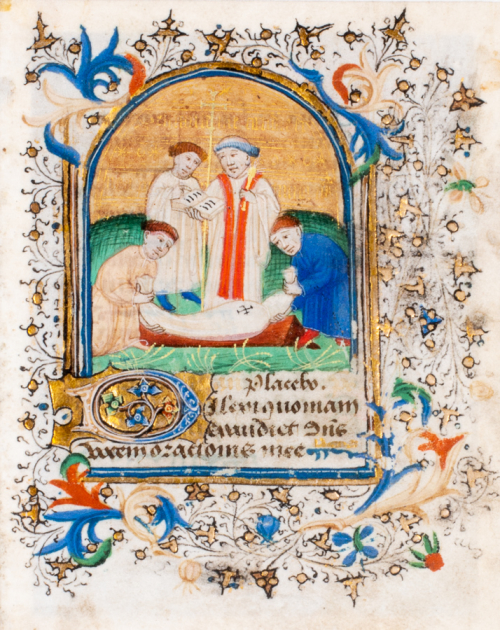 Page from an illuminated manuscript, color illustration of a burial or funerary scene