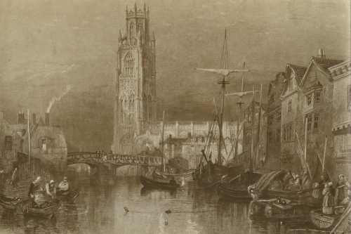 Photograph of an etching with the Boston church, water, boats, a bridge and a tower