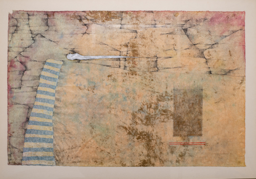 Mixed media on mostly tan and rose-colored handmade paper
