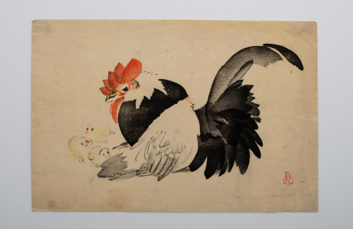 Depiction of a chicken in profile with red crest, black tail feathers, and three small chicks to the left.