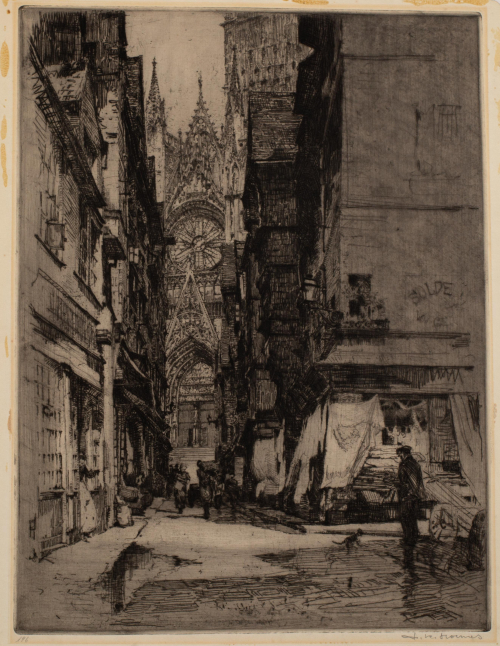 Intricately composed French street scene with a dark figure in the foreground and the iconic Rouen Cathdral in the distance.