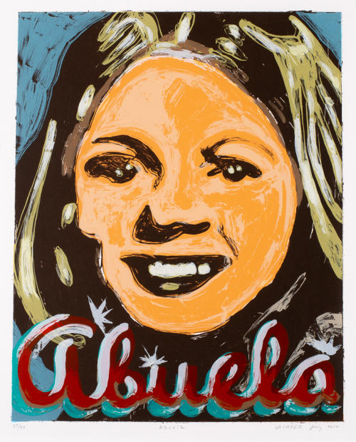 The face of a female with the word "Abuela" written in red