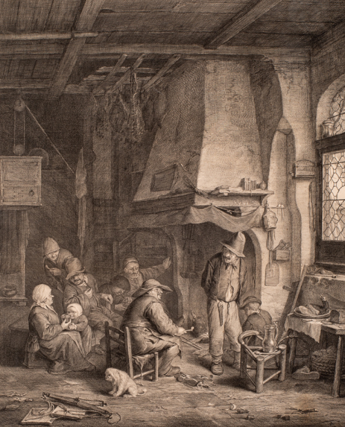 An interior scene with several figures and a dog gathered around a hearth
