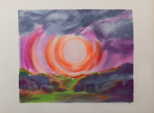 A soft brushy depiction of a colorful sunset landscape. 