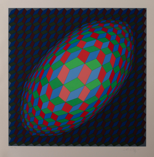 An image with an optical illusion-like feel consisting of green, red, and blue cubes which are darker and elongated in back.