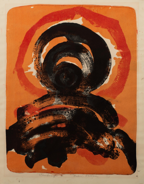 Orange and black abstract work with hill-shaped forms on bottom and rays of sunshine on upper portion of print