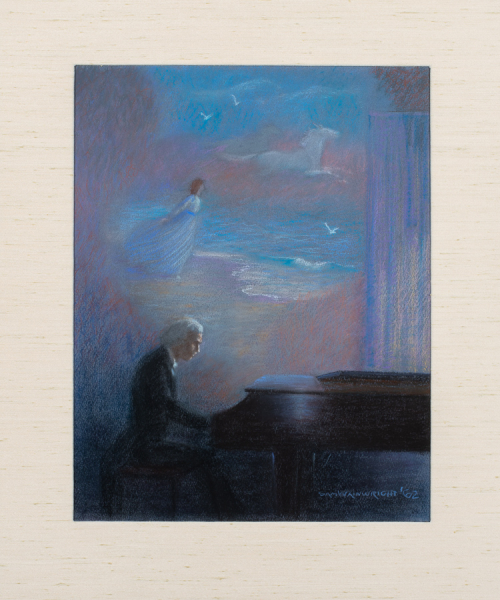 Pastel with images of a pianist playing in the foreground and a floating figure above his head.