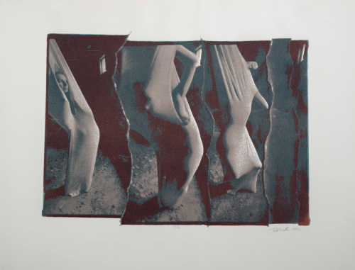 A blue, grey, and black print depicting three different images of a woman in motion, enveloped in fabric.