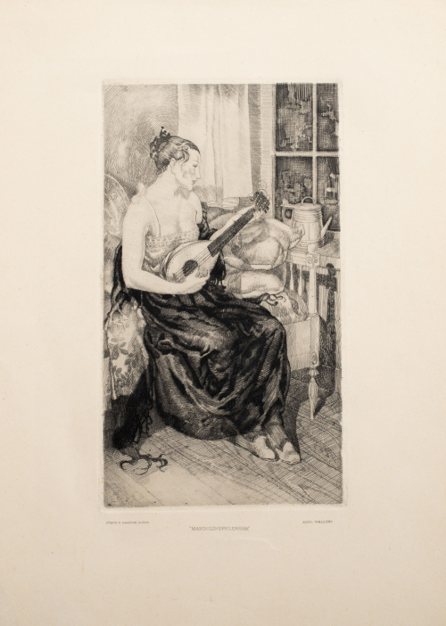 Woman sitting on bed / couch playing the mandolin; window at left with watering can on sill;
