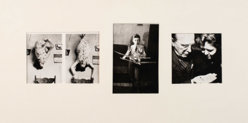 Four photographs; left two are an illusion of a child balancing on wall, middle is boy with model airplane, right man and woman 