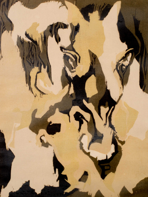 Abstracted portrait of a mare's head in shades of tan, brown, green, and cream