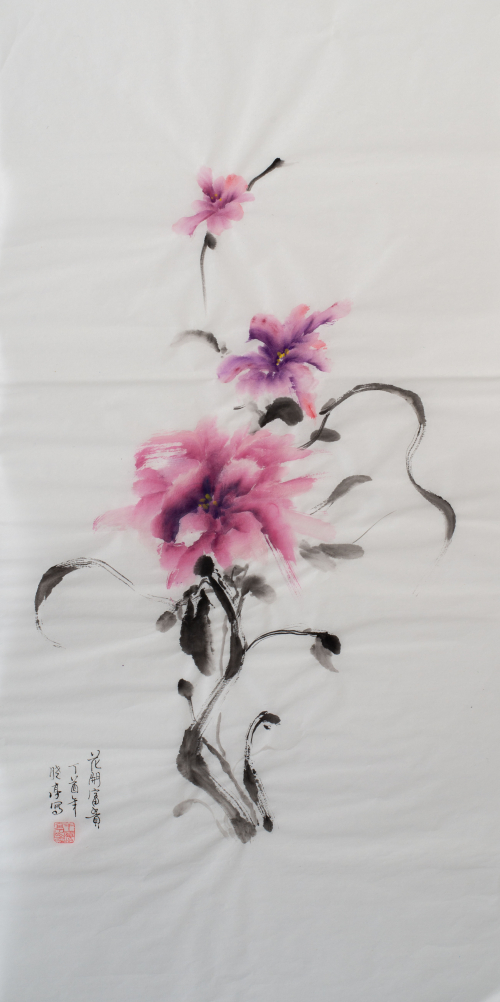 A traditional Chinese painting on rice paper depicting three pink-purple flowers, peonies, in various states of bloom 