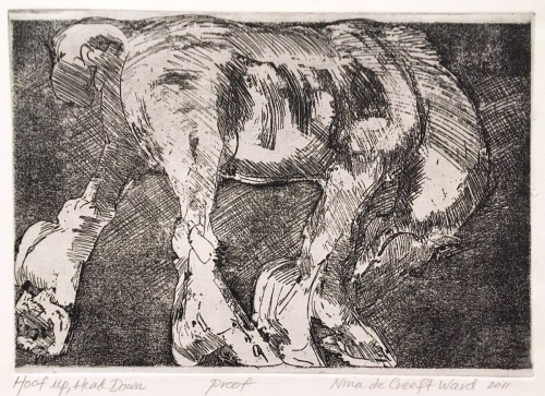 Black and white depiction of a horse in profile, head down