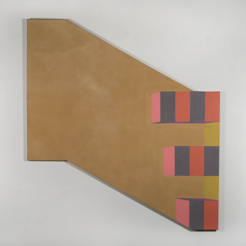 Elongated and angled canvas with beige background with pink, gray and yellow building blocks