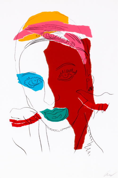 A female portrait in contour line with large, abstract blocks of red, yellow, blue, and green