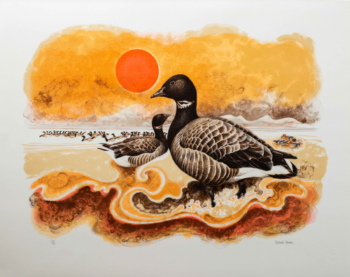 A depiction of geese in foreground, midground, and many in background. The dominant colors are red, orange, and yellow.