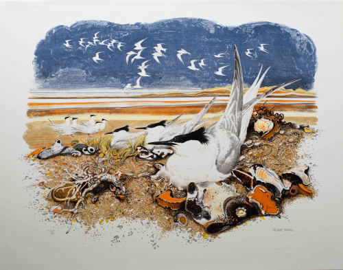 A beach scene with birds in foreground, midground, and flying in the blue sky background. There is trash/debris on beach.