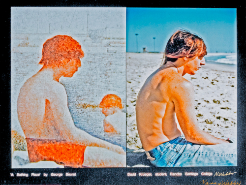  diptych image that references "Bathers at AsniÞres" by Georges Seurat, left is detail of painting and right is an edited image 