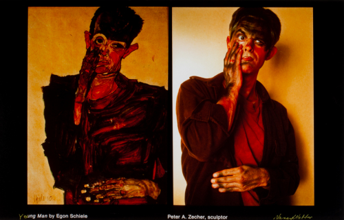 painting and photograph referencing "Self-Portrait Pulling Down an Eyelid" by Egon Schiele