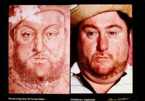 references "Portrait of King Henry VIII" by Hans Holbein, left is detail of painting left is recreation image