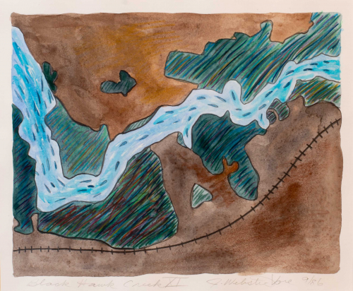 Abstract aerial view of a river system and the surrounding land. River extends from the upper left then downward.