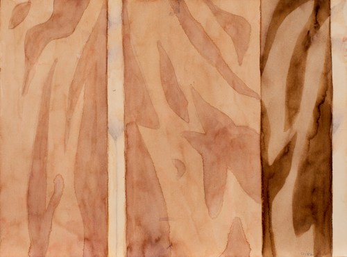 An abstract composition consisting of vertical bands, some thick and some thin, mostly in a rosy beige