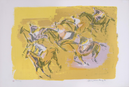 print with yellow background with sketchy depiction of a group of people on galloping horses, figures in green and purple