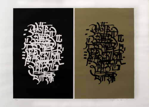 A diptych of calligraphic abstraction, white on black (L) and black on olive green (R)