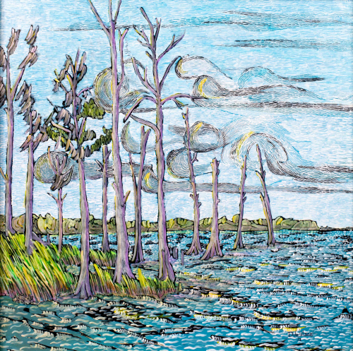 A bright landscape filled with trees at water's edge and swirling clouds. Brush marks are executed mostly in dash-like strokes,