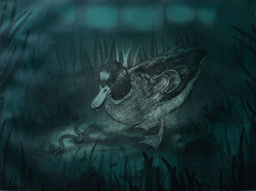 An intaglio depicting a duck in in a blue/green color.