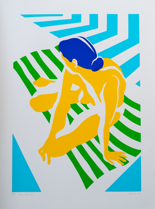 A geometric style print depicting the figure of a woman sitting, her body is yellow and her hair is blue.