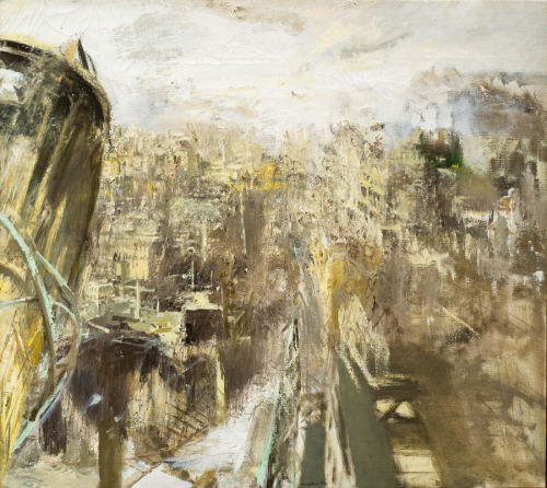 Horizontal painting; overview of an abstract city scene with hundreds of buildings and a wide street stemming out of the lower r