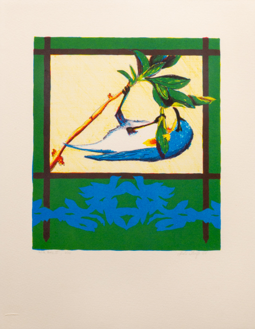 blue bird upside down and grasping a stem with leaves, which is bordered in green and black with a Rohrschach-like depiction in 