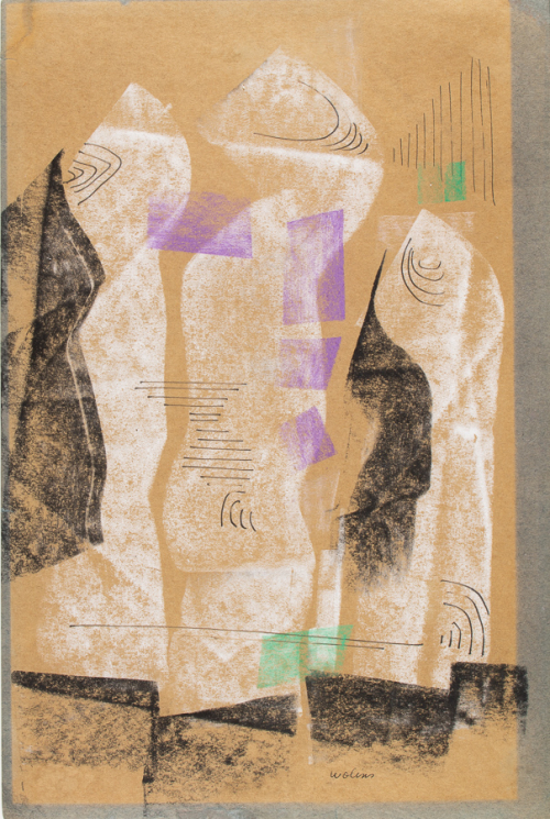 A pastel and ink drawing on brown paper of three abstract figures