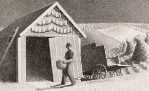 A farmer carrying corn to a barn from a wheat field.  A ladder left of  the barn and a wagon is on the right of the barn
