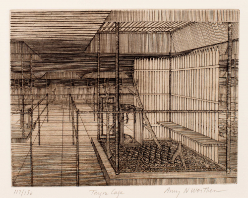 Very linear print of the interior of a building