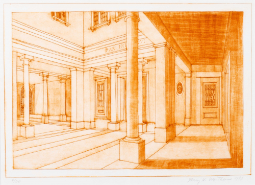 An architectural interior with columns and pilasters, grated windows, and geometrical floor design, rendered in shades of orange